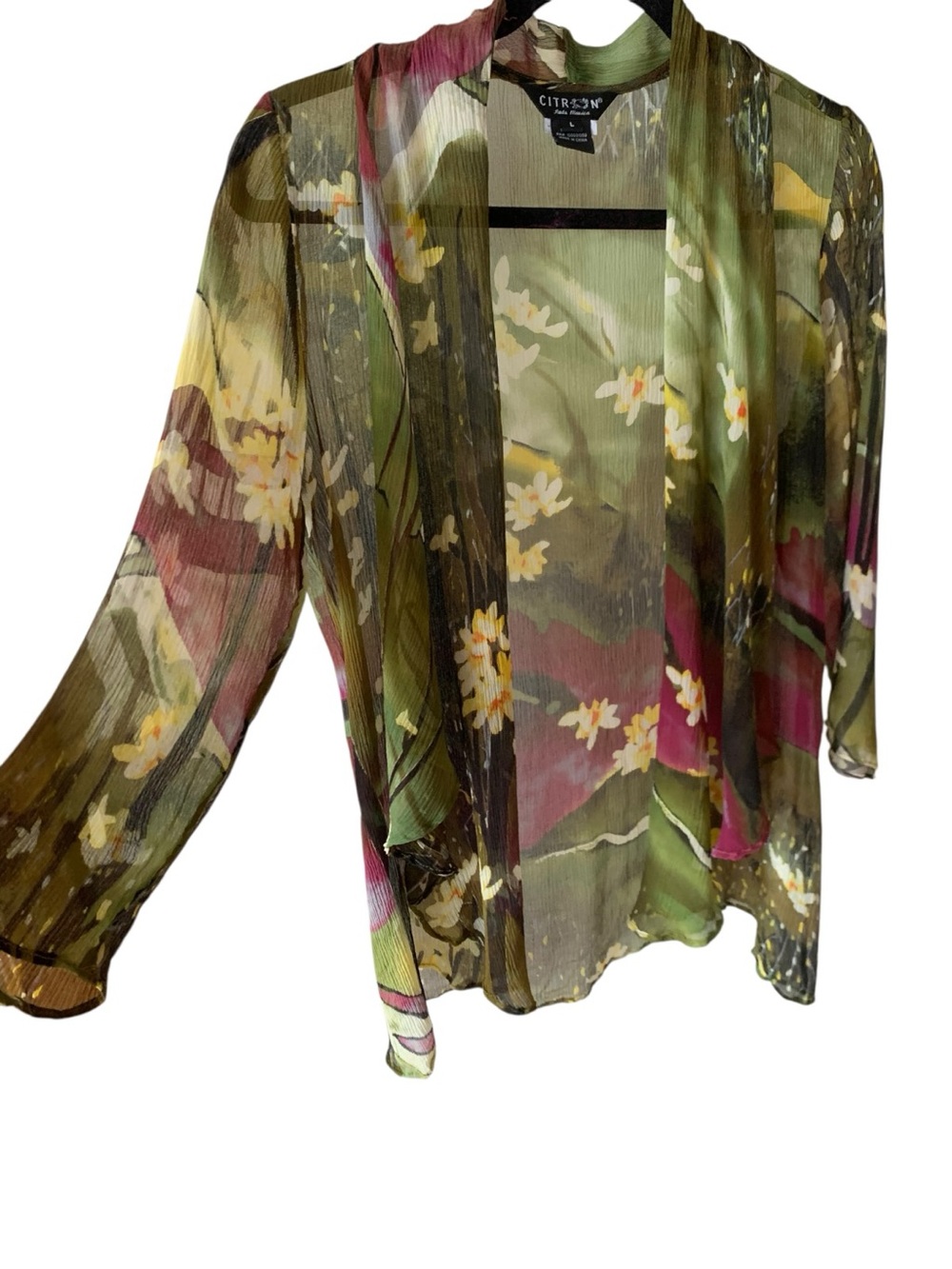 Citron Santa Monica 100% Silk Floral Kimono Cardigan Landscape Watercolor Large - Picture 6 of 13